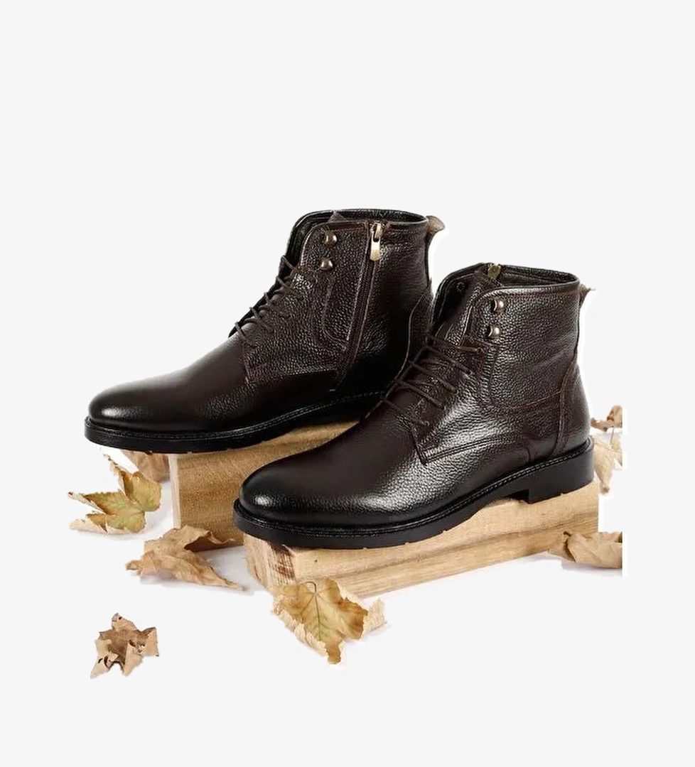 KAHVERENGİ Hakiki Deri Fermuarlı Bağcıklı Erkek Bot 01775