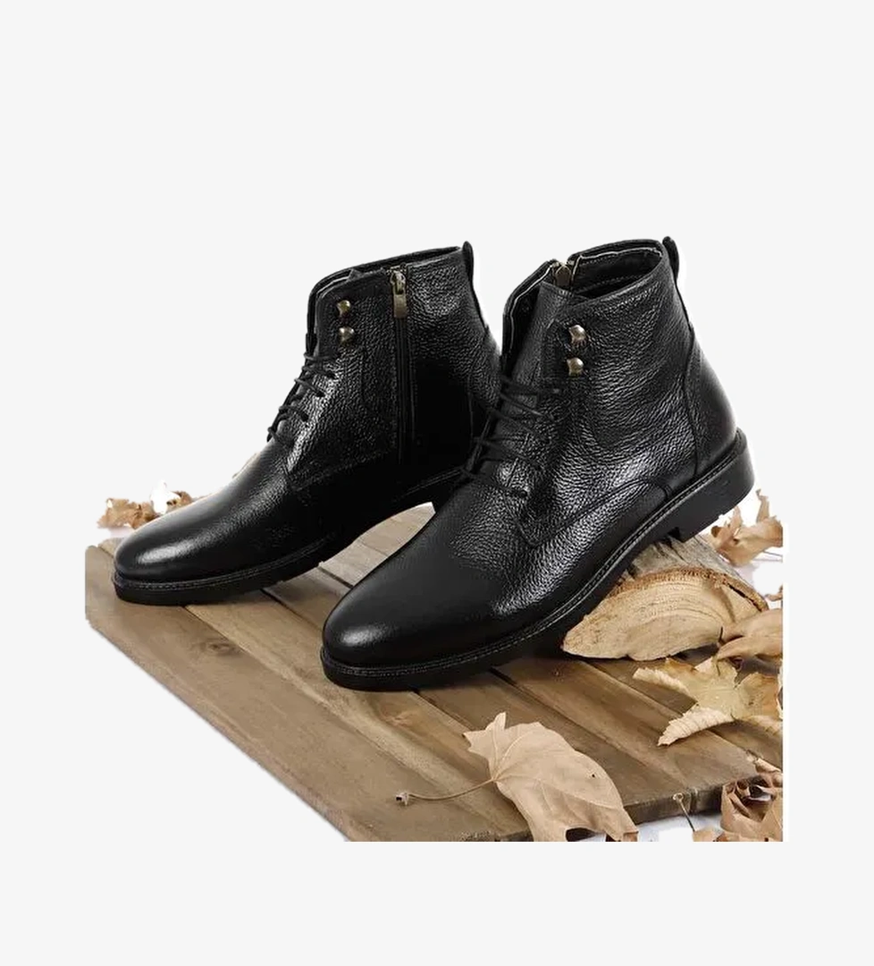 SİYAH Hakiki Deri Fermuarlı Bağcıklı Erkek Bot 01775 - Görsel 1