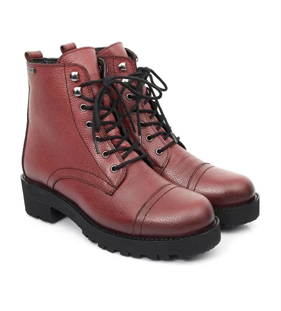 Gönderi̇(r) BORDO Hakiki Deri Yuvarlak Burun Kauçuk Taban Topuklu Fermuarlı Bağcıklı Kadın Günlük Postal Bot 46 model görseli
