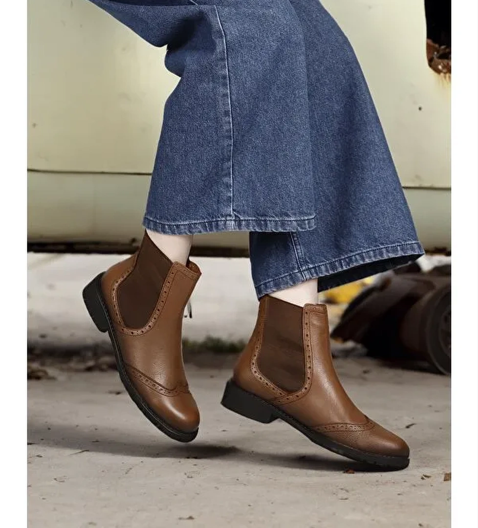 TABA Hakiki Deri Yuvarlak Burun Kauçuk Taban Topuklu Lastikli Kadın Günlük Chelsea Bot 48443