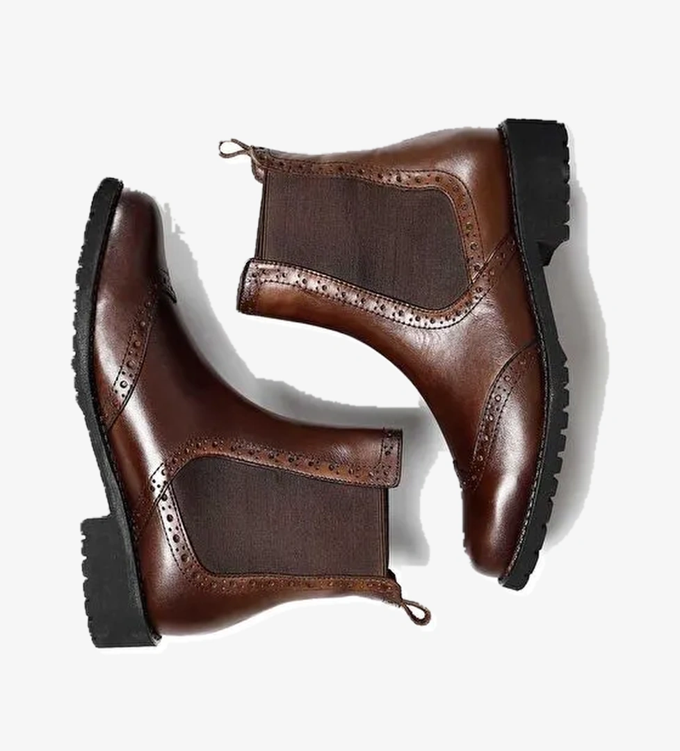 KAHVERENGİ Hakiki Deri Yuvarlak Burun Kauçuk Taban Topuklu Lastikli Kadın Günlük Chelsea Bot 48443