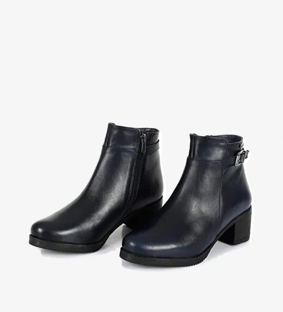 LACİVERT Hakiki Deri Yuvarlak Burun Topuklu Fermuarlı Tokalı Kadın Günlük Bot 47453