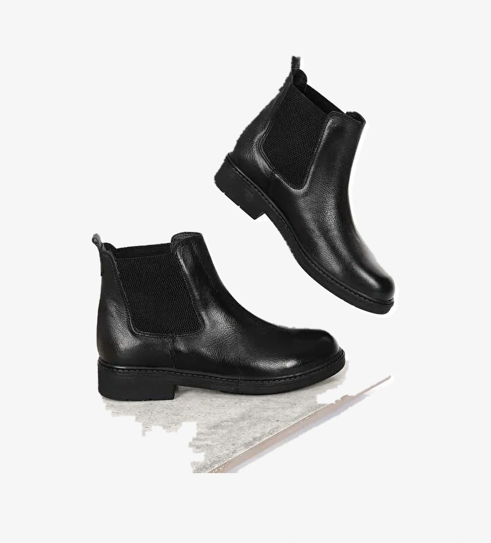 SİYAH Hakiki Deri Yuvarlak Burun Kauçuk Taban Topuklu Lastikli Kadın Günlük Chelsea Bot 42424