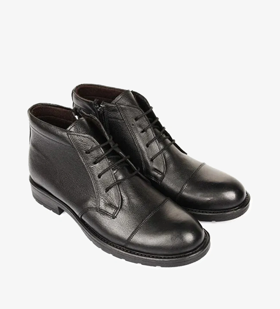 SİYAH Hakiki Deri Yuvarlak Burun Kauçuk Taban Bağcıklı Fermuarlı Günlük Erkek Bot 01223