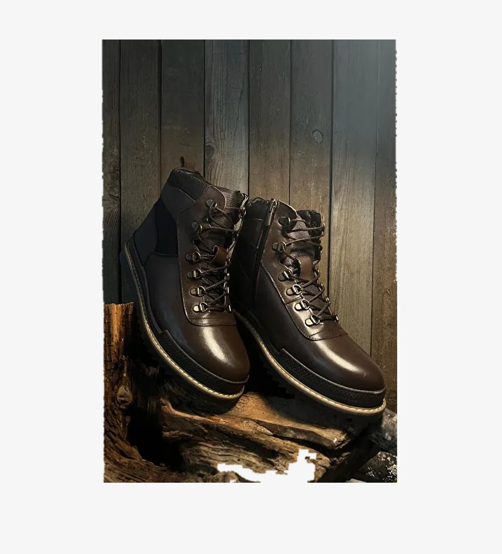 KAHVERENGİ Hakiki Deri Yuvarlak Burun Kauçuk Taban Bağcıklı Fermuarlı Günlük Erkek Bot 05803