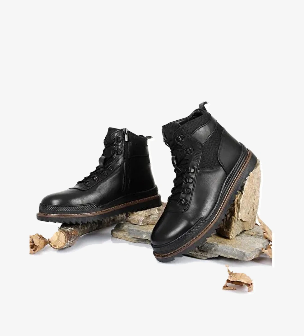 SİYAH Hakiki Deri Yuvarlak Burun Kauçuk Taban Bağcıklı Fermuarlı Günlük Erkek Bot 05803 - Görsel 1