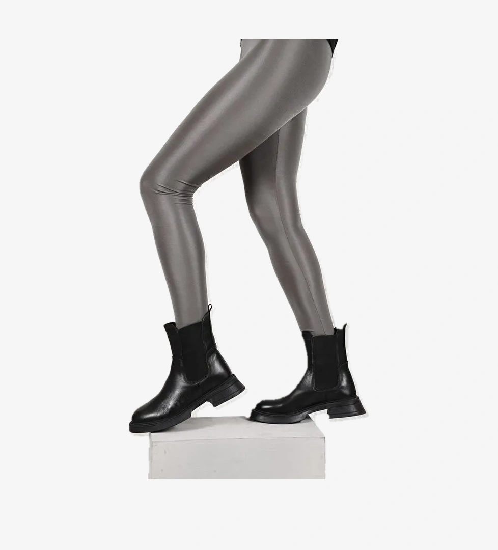 SİYAH Hakiki Deri Yuvarlak Burun Termo Taban Topuklu Kadın Günlük Chelsea Bot 51457