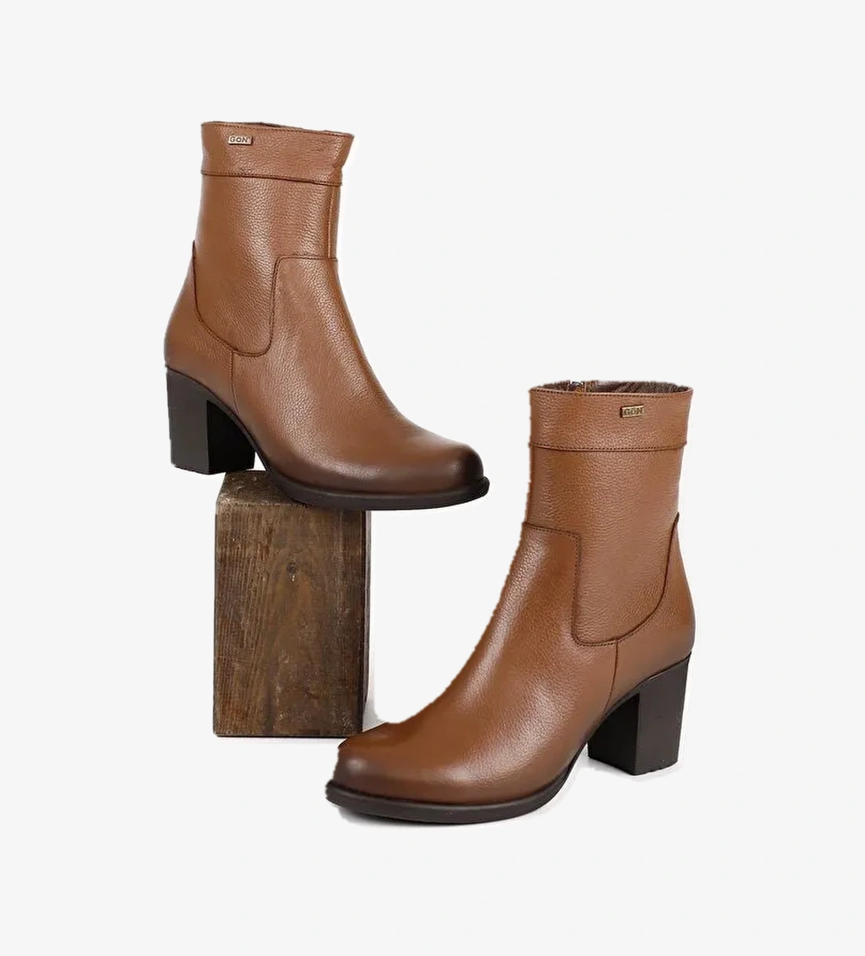 TABA Hakiki Deri Yuvarlak Burun Kauçuk Taban Topuklu Fermuarlı Kadın Günlük Bot 48457