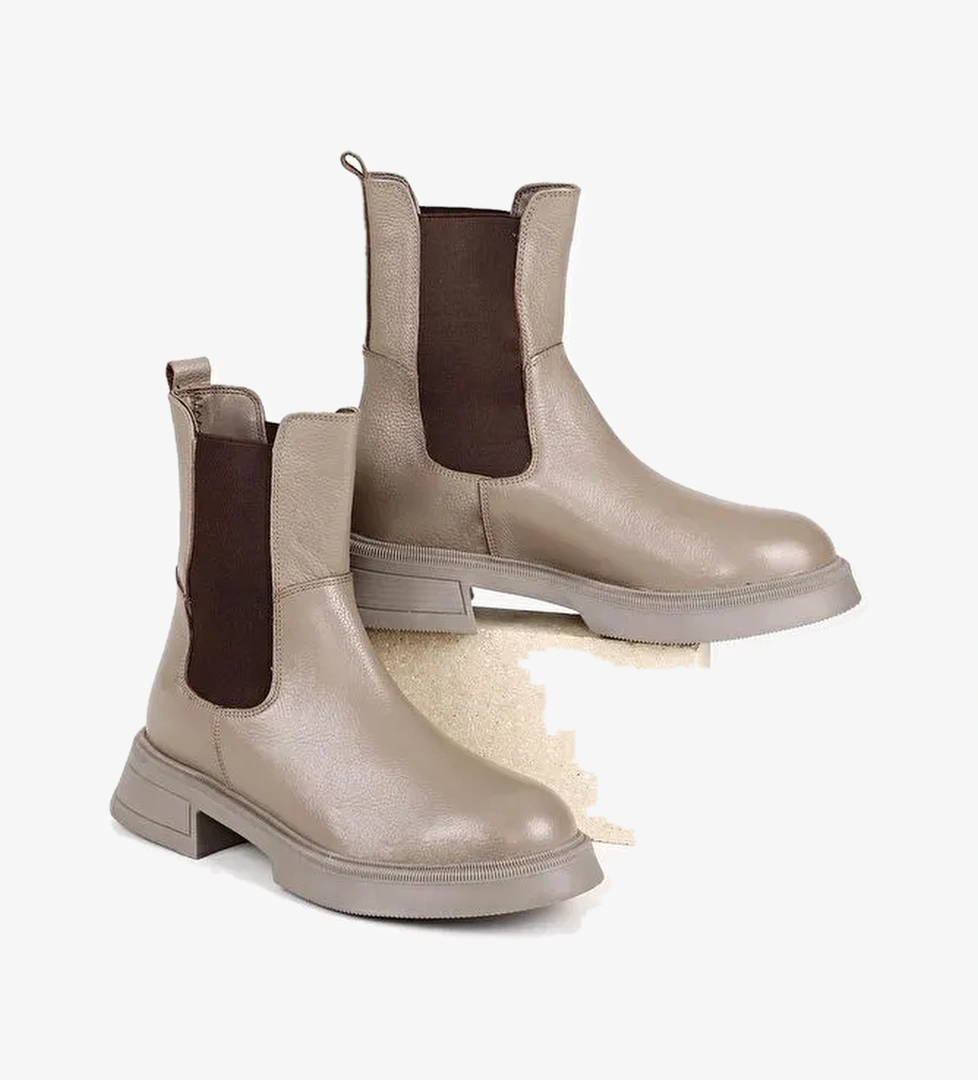 VİZON Hakiki Deri Yuvarlak Burun Termo Taban Topuklu Kadın Günlük Chelsea Bot 51457 - Görsel 1