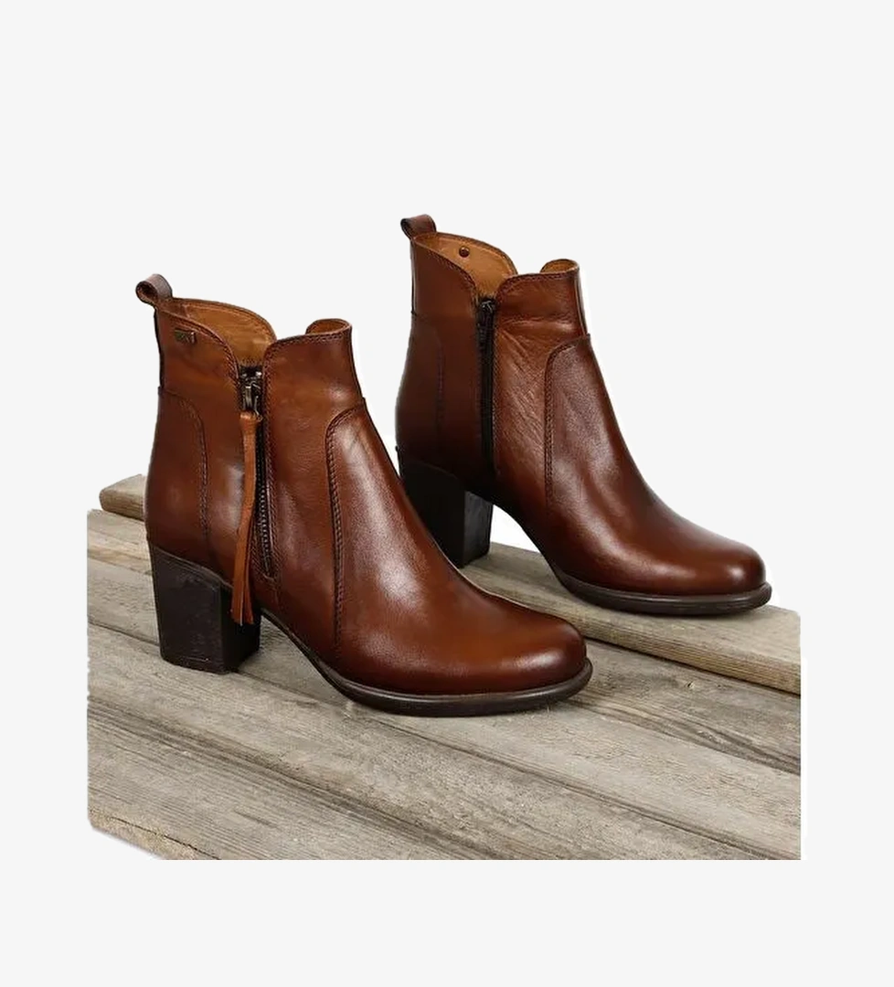 Gonderi(r) Kahverengi Gonderi(r) Hakiki Deri Topuklu Fermuarlı Kadın Bot