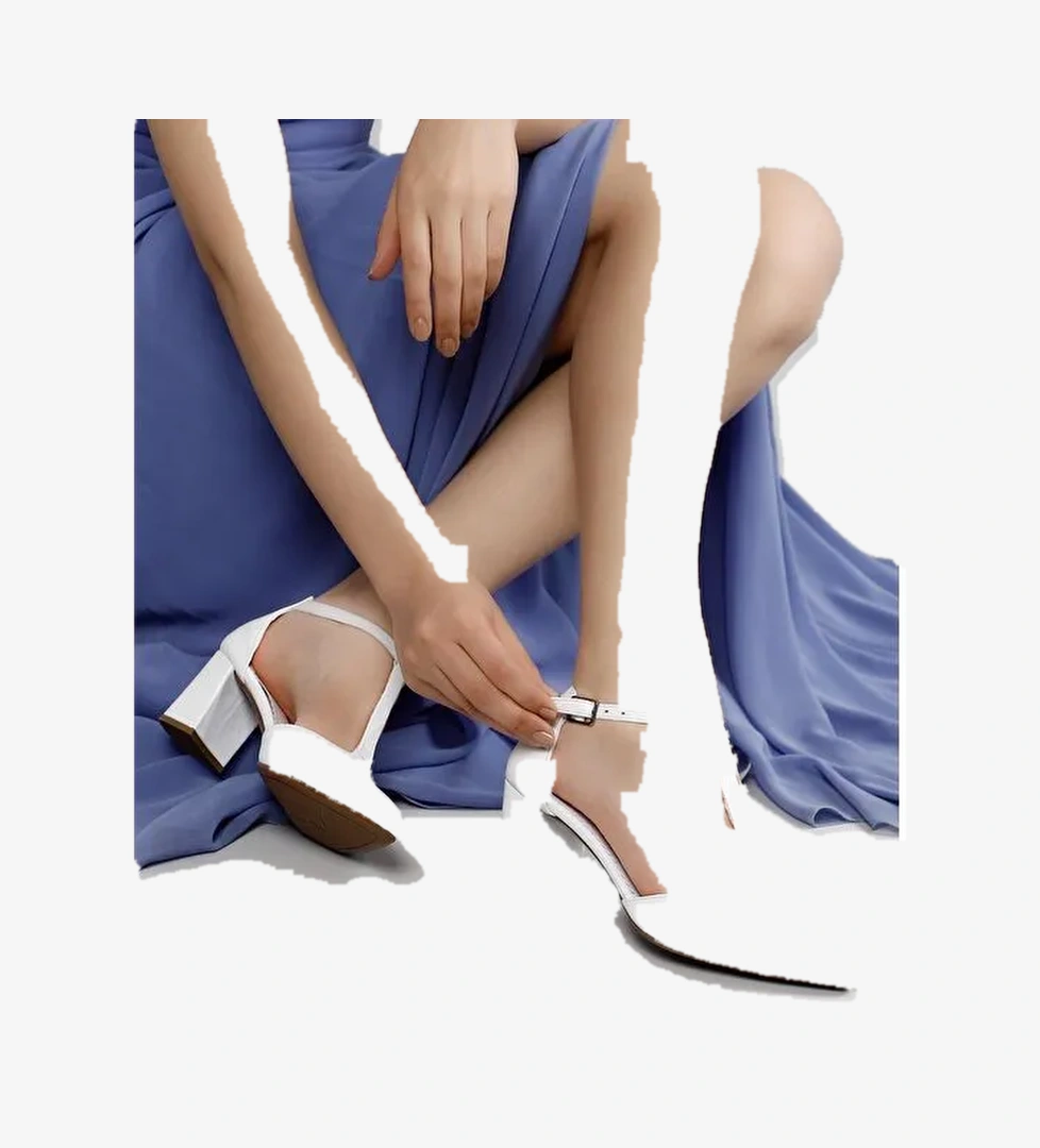 BEYAZ Hakiki Deri Sivri Burun Bilek Bağlı Orta Kalın Topuklu Kadın Ayakkabı 24182