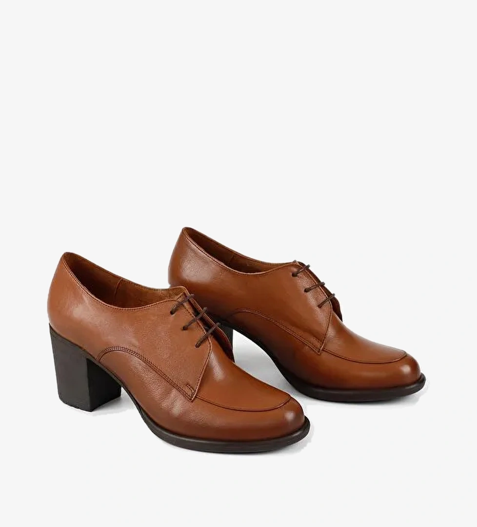 Gonderi(r) Kahverengi Gonderi(r) Hakiki Deri Kalın Orta Topuklu Bağcıklı Kadın Ayakkabı