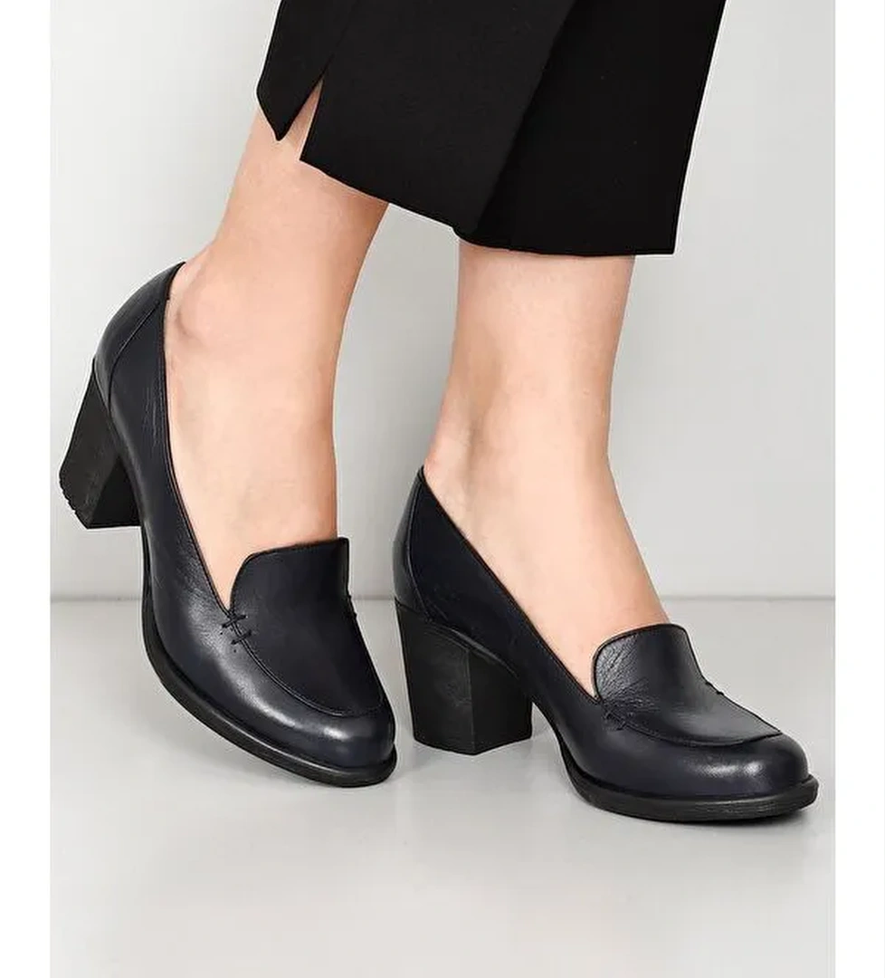 LACİVERT Hakiki Deri Yuvarlak Burun Kalın Orta Topuklu Kauçuk Taban Kadın Loafer Ayakkabı 24070