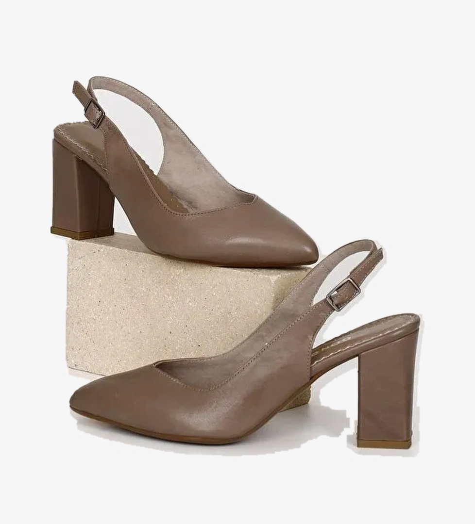 VİZON Hakiki Deri Sivri Burun Yüksek Kalın Topuklu Arkası Açık Kadın Yazlık Ayakkabı 24174 - Görsel 1