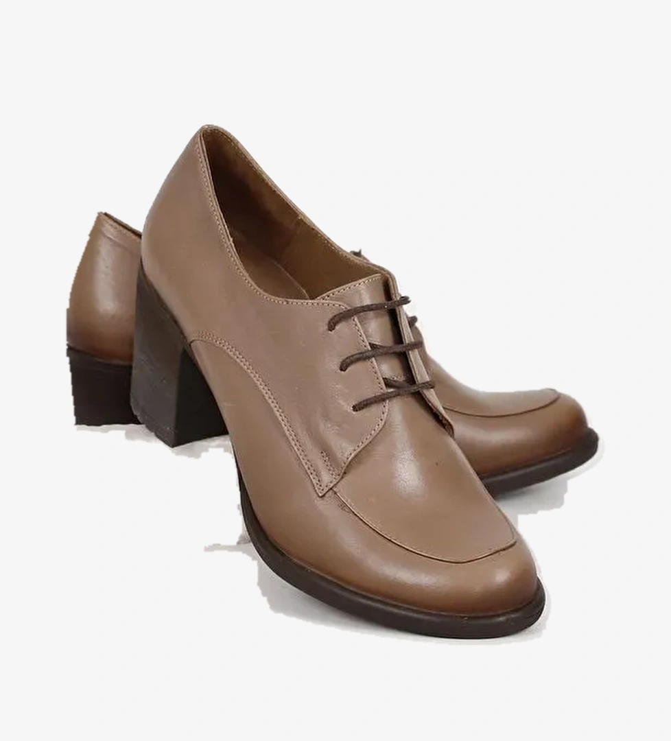 VİZON Hakiki Deri Yuvarlak Burun Kalın Orta Topuklu Kauçuk Taban Bağcıklı Kadın Ayakkabı 24071