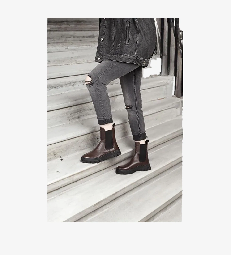 BORDO Hakiki Deri Yuvarlak Burun Kadın Günlük Chelsea Bot 52411