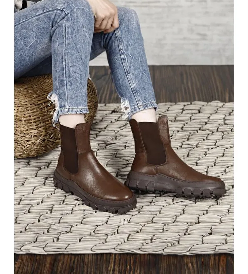 KAHVERENGİ Hakiki Deri Yuvarlak Burun Kadın Günlük Chelsea Bot 52411