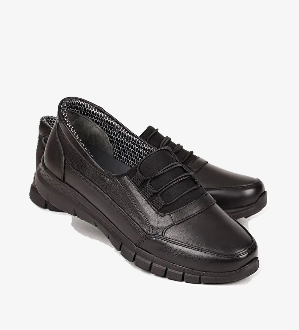 SİYAH Hakiki Deri Yuvarlak Burun Dolgu Taban Kadın Günlük Ayakkabı 42210