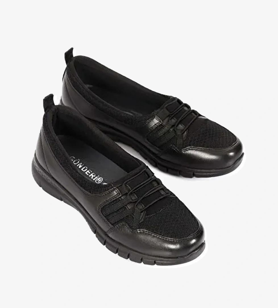 SİYAH Hakiki Deri Yuvarlak Burun Dolgu Taban Kadın Günlük Ayakkabı 42130