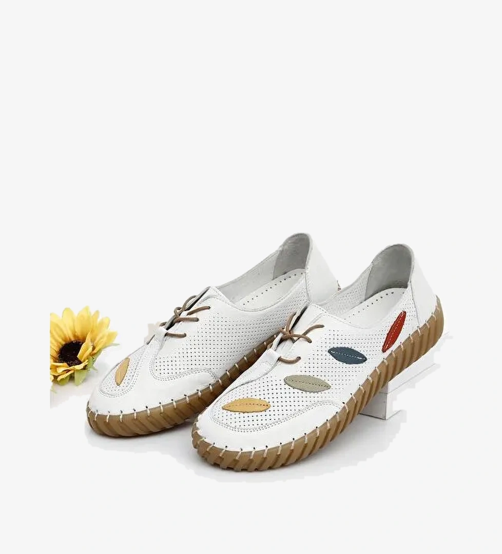 BEYAZ Hakiki Deri Yuvarlak Burun Düz Taban Kadın Sneaker 45671
