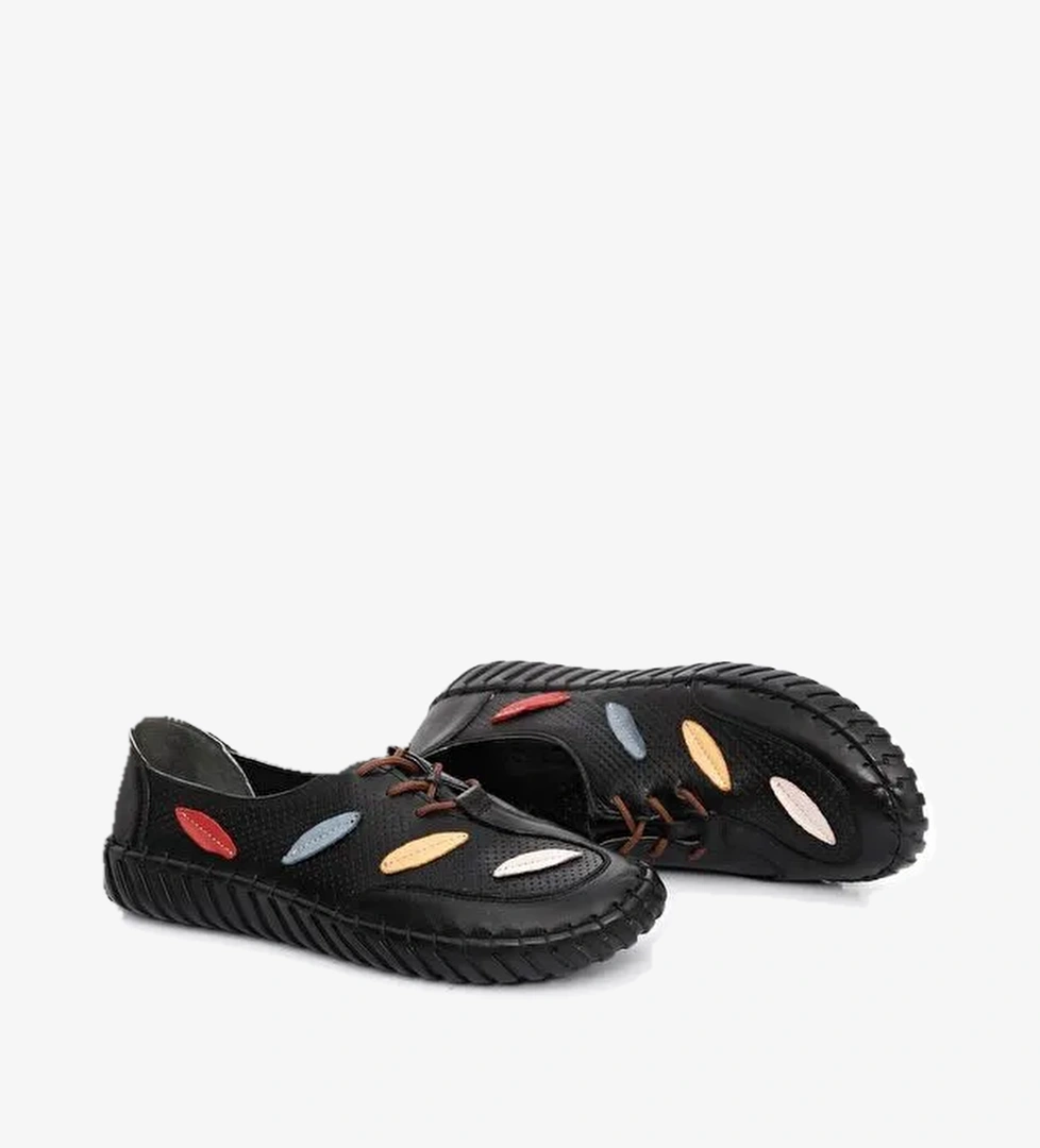 SİYAH Hakiki Deri Yuvarlak Burun Düz Taban Kadın Sneaker 45671