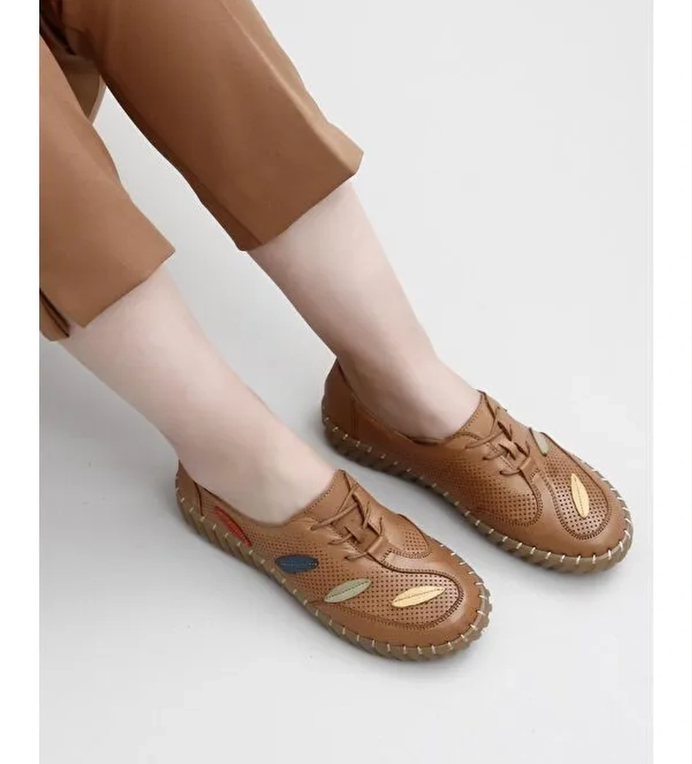Gonderi(r) Bej Gonderi(r) Hakiki Deri Yuvarlak Burun Düz Taban Kadın Sneaker 45671