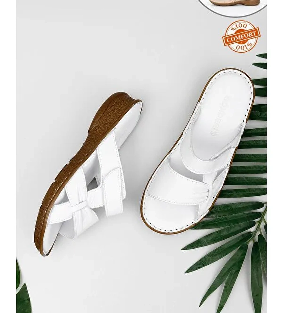 BEYAZ Hakiki Deri Dolgu Taban Kadın Terlik 42350