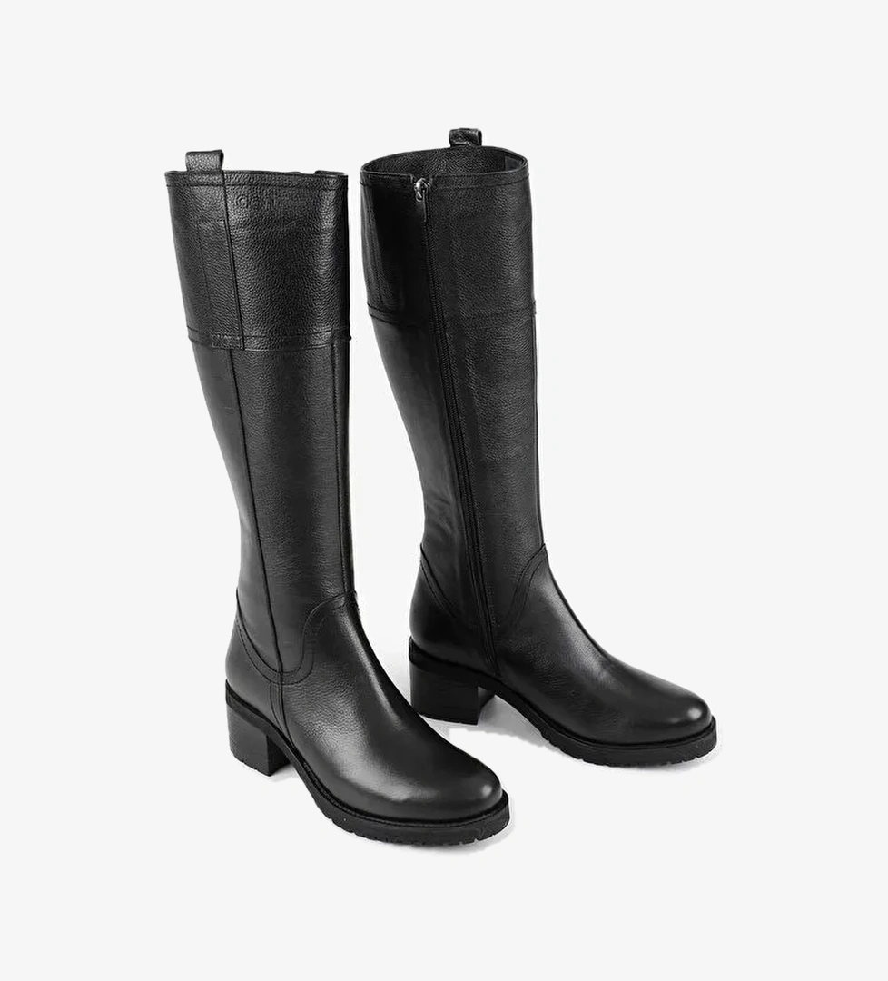 SİYAH Hakiki Deri Yuvarlak Burun Kauçuk Taban Topuklu Fermuarlı Kadın Günlük Çizme 63591 - Görsel 1