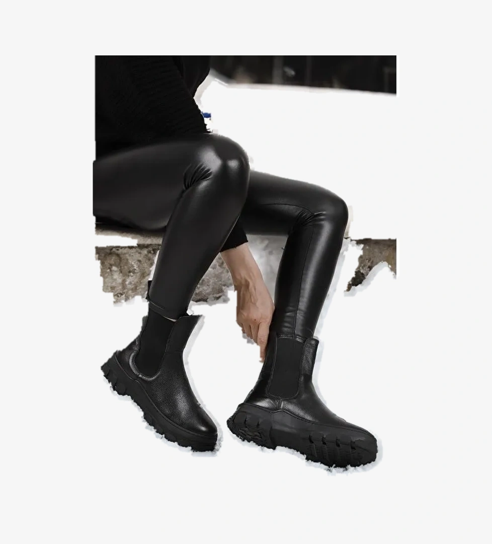 SİYAH Hakiki Deri Yuvarlak Burun Kadın Günlük Chelsea Bot 52411