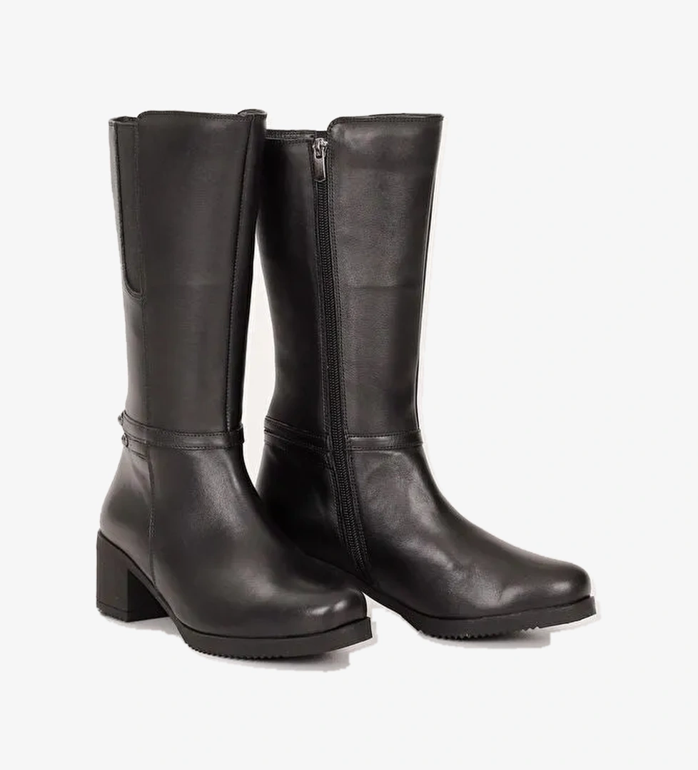 SİYAH Hakiki Deri Yuvarlak Burun Kauçuk Taban Topuklu Kadın Günlük Çizme GN514 - Görsel 1