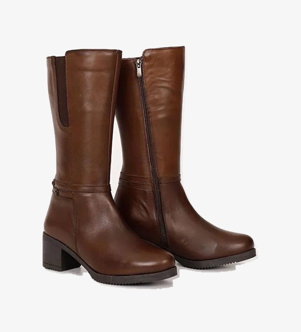 KAHVERENGİ Hakiki Deri Yuvarlak Burun Kauçuk Taban Topuklu Kadın Günlük Çizme GN514