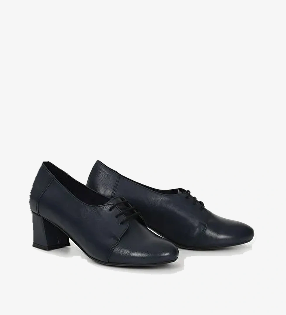 LACİVERT Hakiki Deri Yuvarlak Burun Orta Kalın Topuklu Bağcıklı Kadın Ayakkabı 24215 - Görsel 1