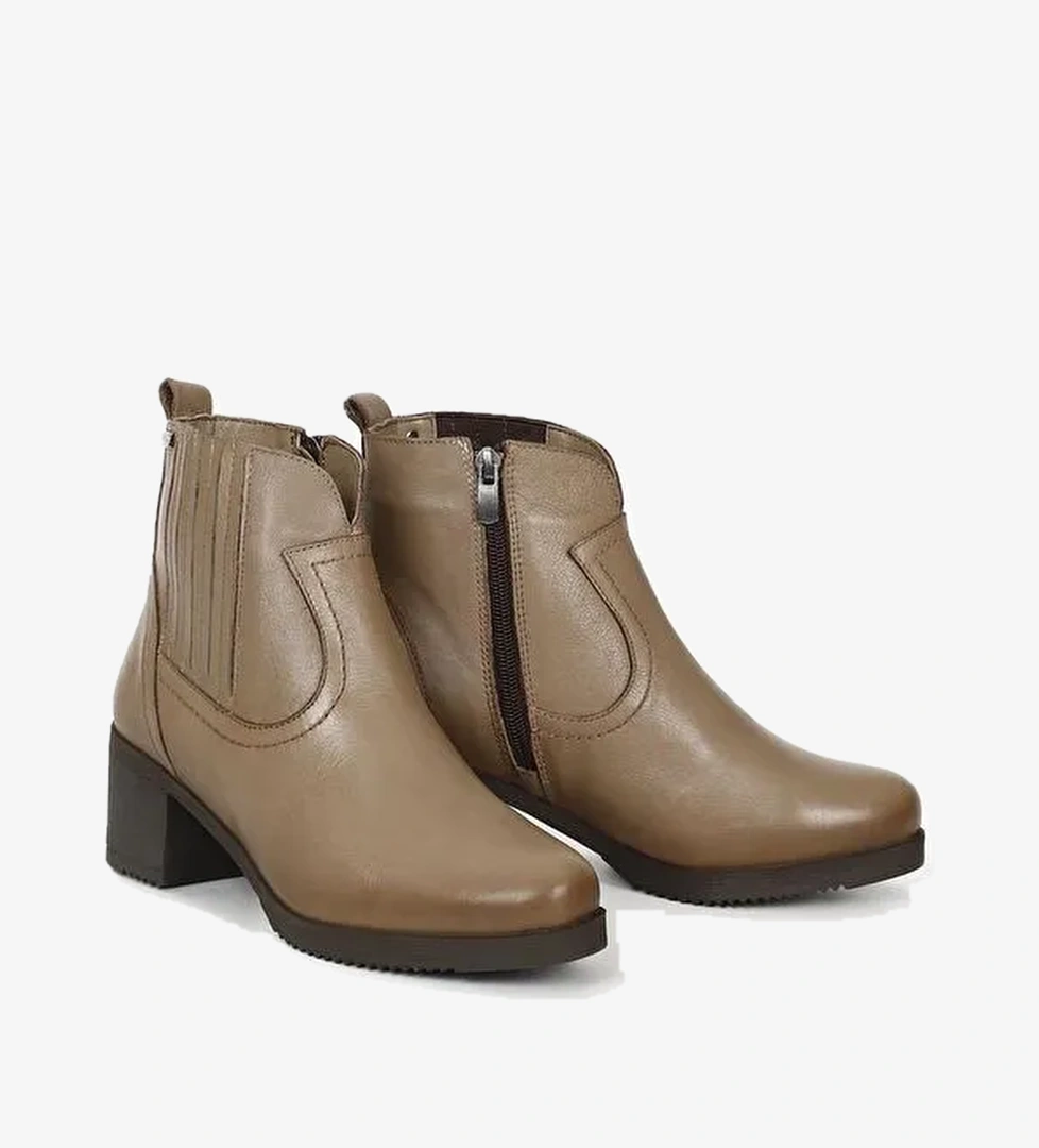 VİZON Hakiki Deri Yuvarlak Burun Topuklu Kauçuk Taban Fermuarlı Kadın Günlük Bot 10404 - Görsel 1