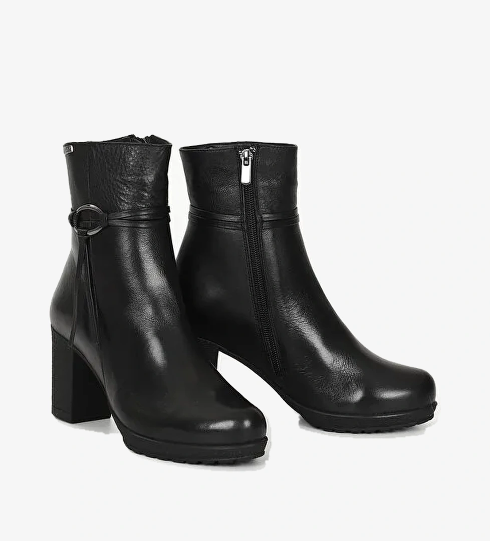 SİYAH Hakiki Deri Yuvarlak Burun Kauçuk Taban Topuklu Fermuarlı Kadın Günlük Bot 51495