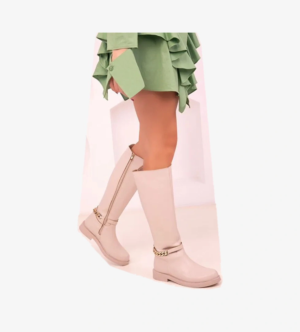 Deri Görünümlü Fermuarlı Kadın Diz Altı Çizme - Görsel 1