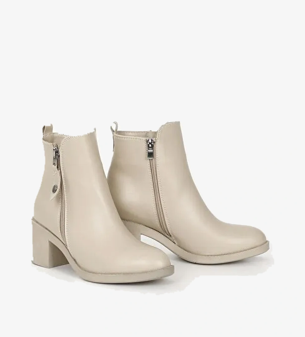 NUDE Yuvarlak Burun Topuklu Fermuarlı Püsküllü Kadın Günlük Bot 35764