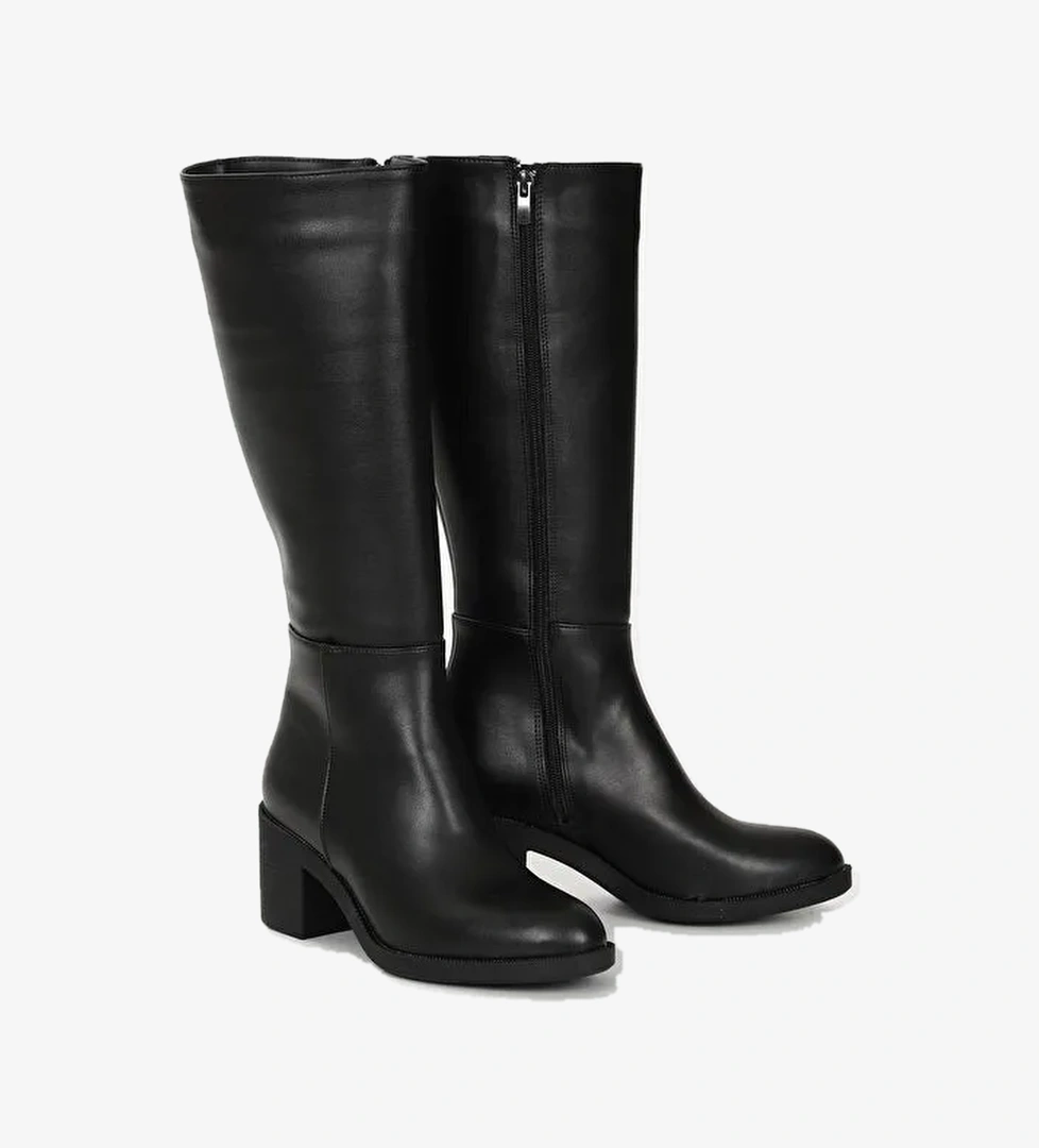 SİYAH Yuvarlak Burun Topuklu Fermuarlı Kadın Günlük Çizme 35760