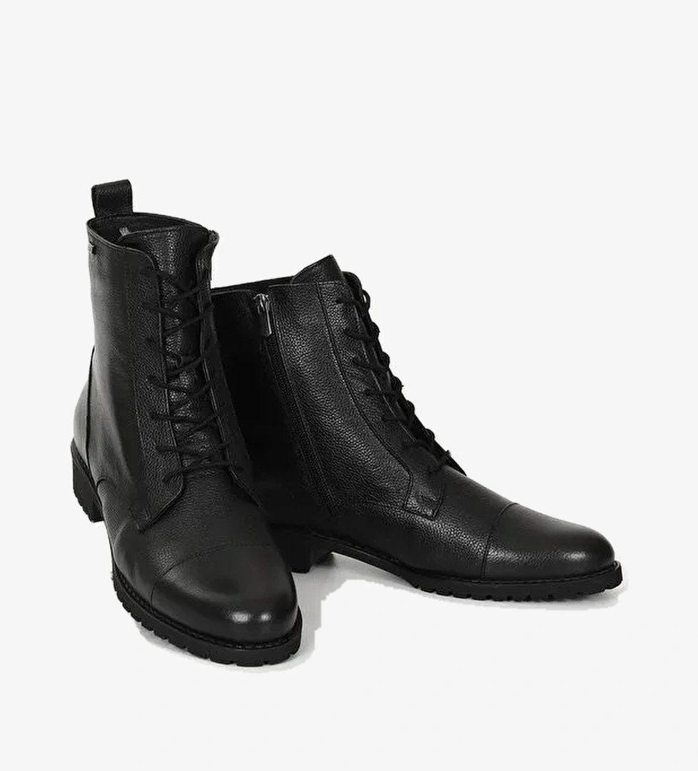 SİYAH Hakiki Deri Yuvarlak Burun Kauçuk Taban Topuklu Fermuarlı Bağcıklı Kadın Günlük Postal Bot 46 - Görsel 1