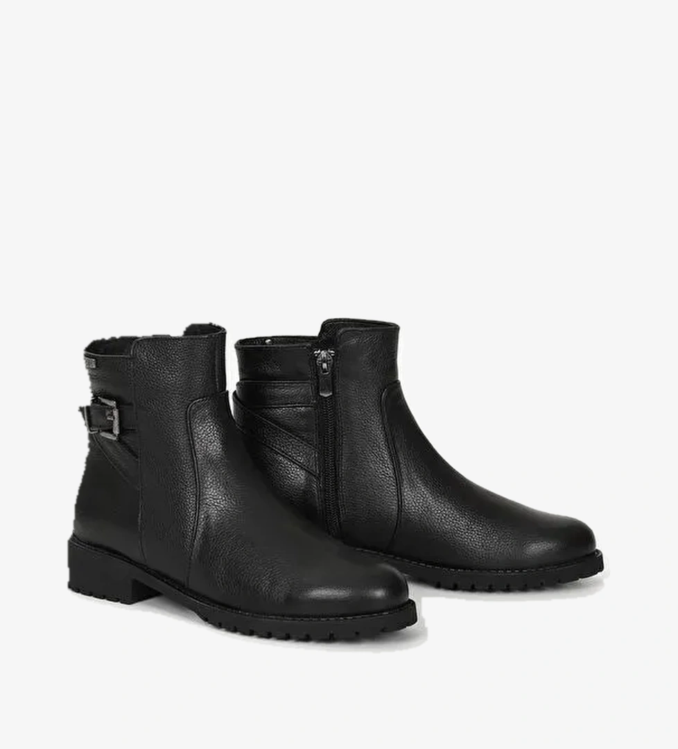 SİYAH Hakiki Deri Yuvarlak Burun Kauçuk Taban Topuklu Fermuarlı Tokalı Kadın Günlük Bot 46460