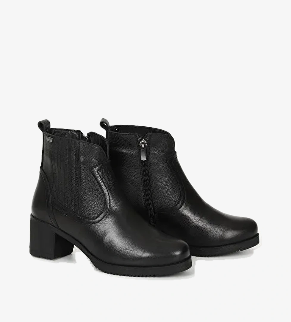 SİYAH Hakiki Deri Yuvarlak Burun Topuklu Kauçuk Taban Fermuarlı Kadın Günlük Bot 10404