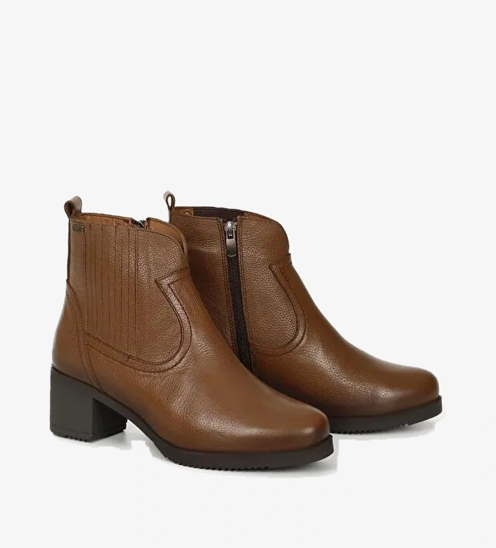 TABA Hakiki Deri Yuvarlak Burun Topuklu Kauçuk Taban Fermuarlı Kadın Günlük Bot 10404