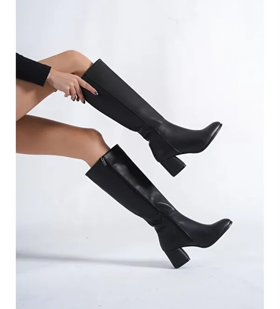 Cathrine Oval Burunlu Yandan Fermuarlı Topuklu Kadın Çizme - Görsel 1