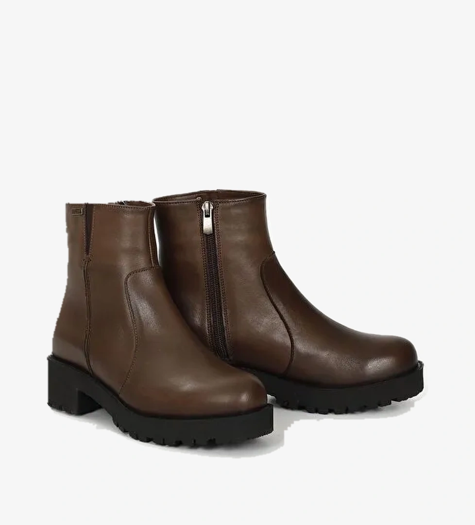 KAHVERENGİ Hakiki Deri Yuvarlak Burun Topuklu Kauçuk Taban Fermuarlı Kadın Günlük Bot 52421