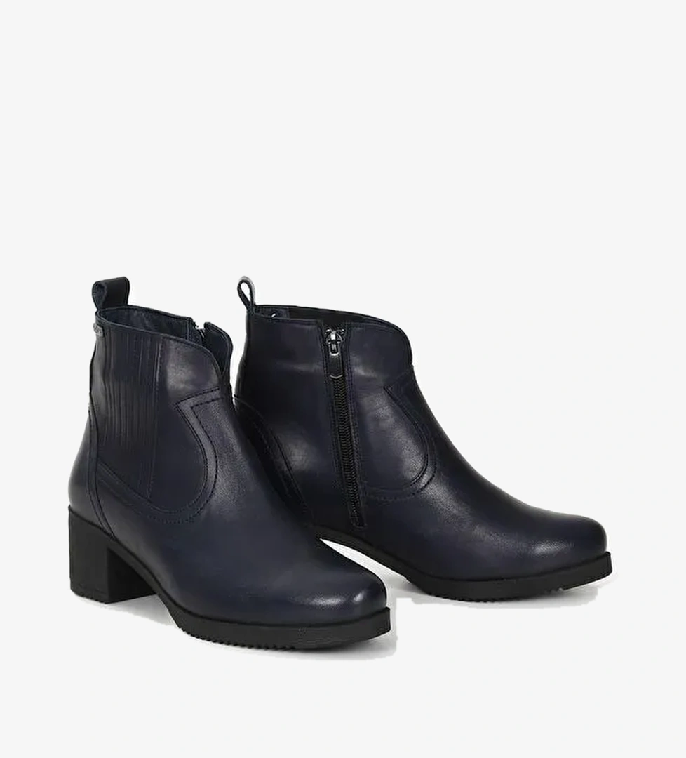 LACİVERT Hakiki Deri Yuvarlak Burun Topuklu Kauçuk Taban Fermuarlı Kadın Günlük Bot 10404