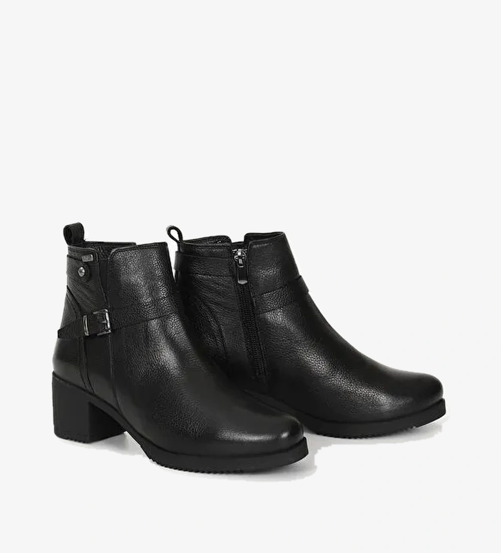 SİYAH Hakiki Deri Yuvarlak Burun Topuklu Fermuarlı Tokalı Kadın Günlük Bot 48491 - Görsel 1