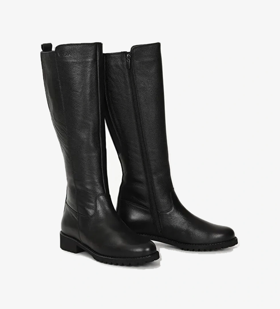 SİYAH Hakiki Deri Yuvarlak Burun Kauçuk Taban Topuklu Fermuarlı Kadın Günlük Çizme 44551 - Görsel 1