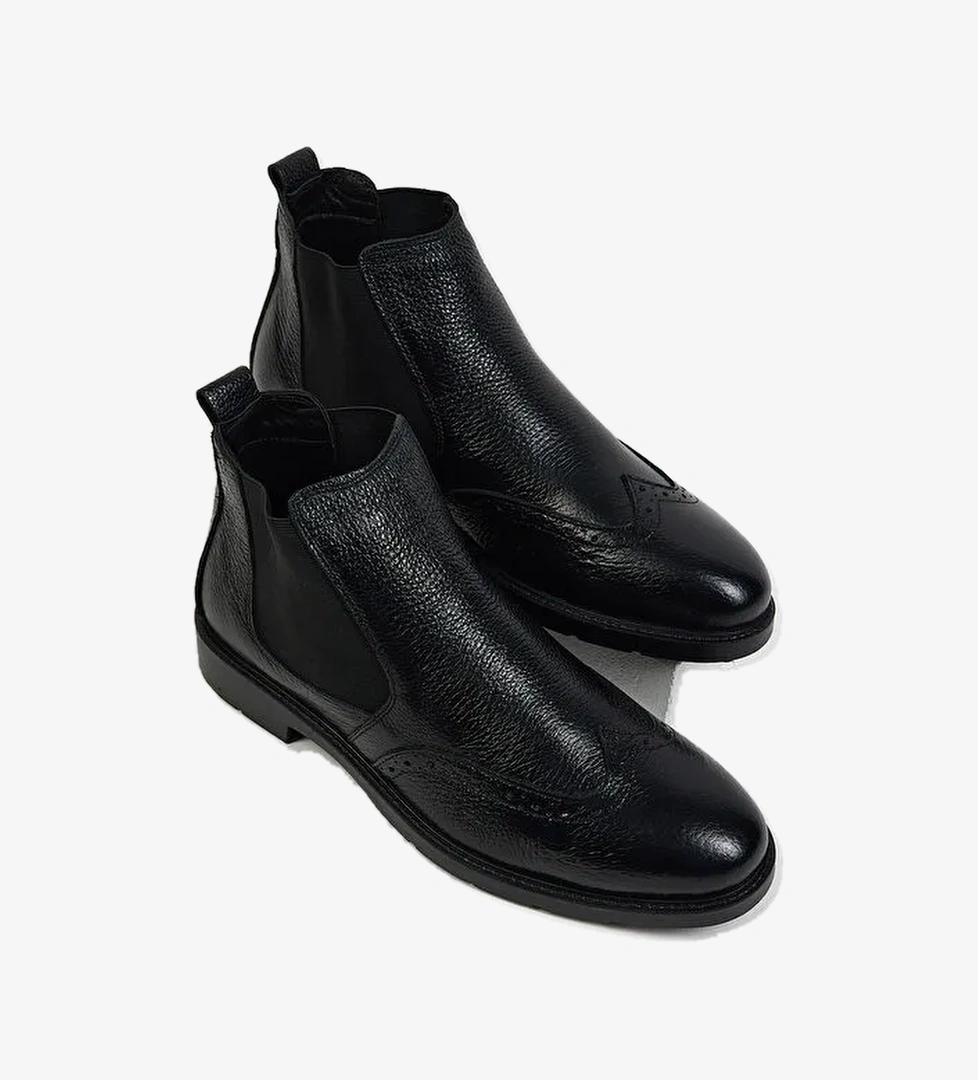 Erkek Siyah Rahat Kalıp Desenli Hakiki Deri Lastikli Bot - Görsel 1