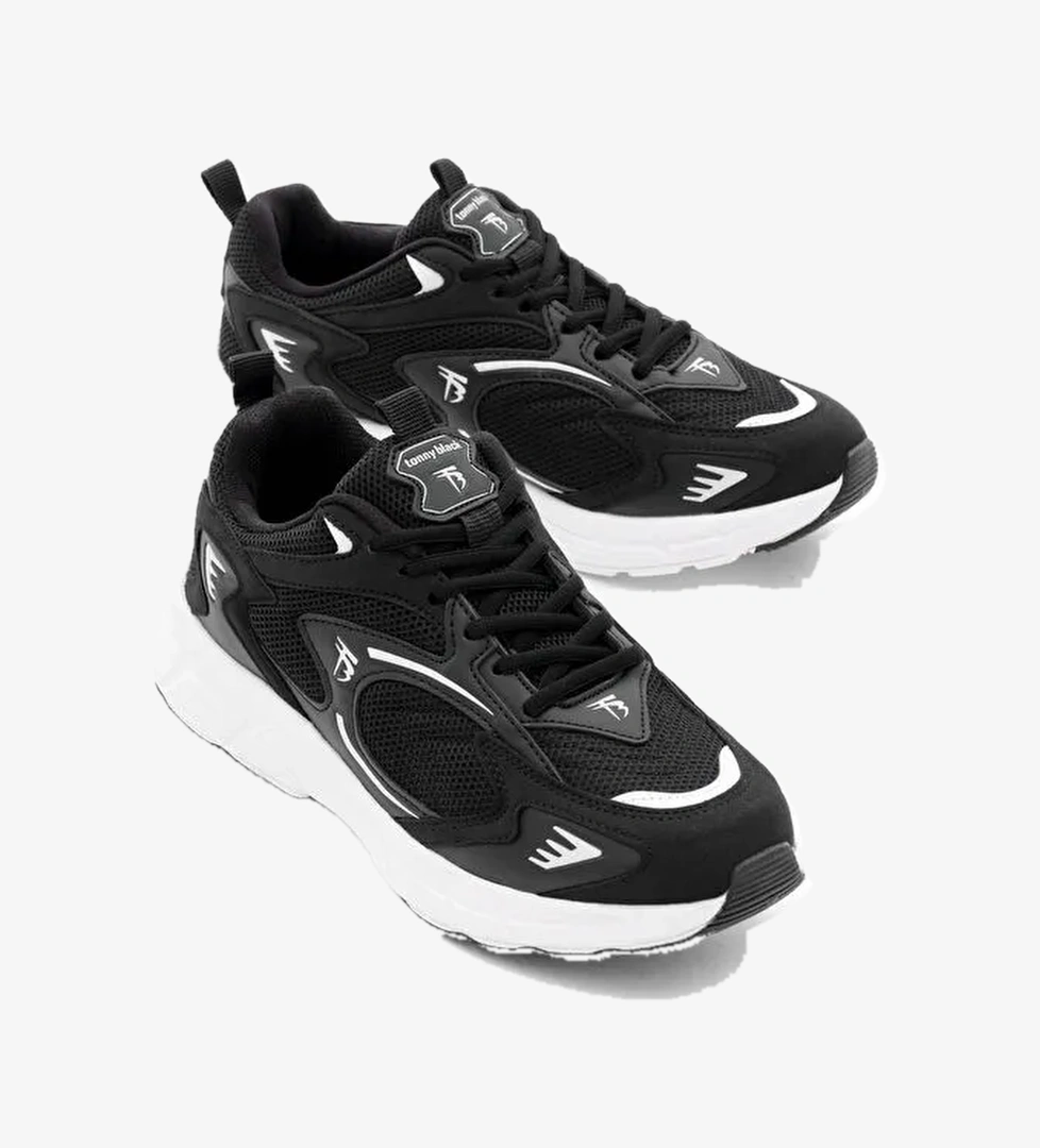 Unisex Siyah Beyaz Rahat Kalıp Yüksek Faylon Taban Bağcıklı Spor Ayakkabı