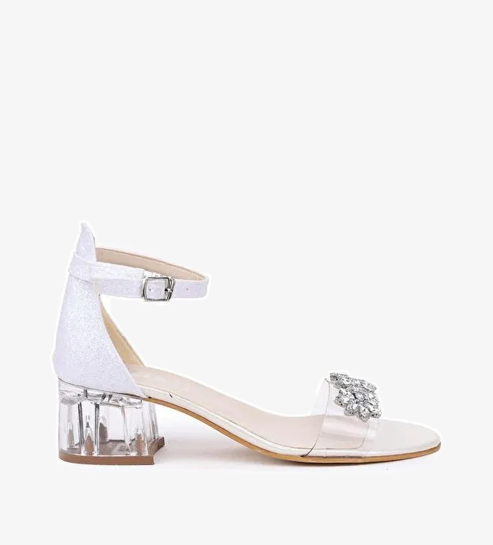 Yangu Kum Simli Taşlı Kız Çocuk 3 Cm Şeffaf Topuklu Sandalet Abiye Ayakkabı