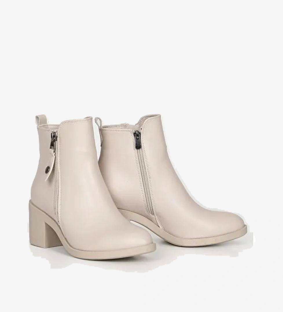 BEJ Yuvarlak Burun Topuklu Fermuarlı Püsküllü Kadın Günlük Bot 35764 - Görsel 1